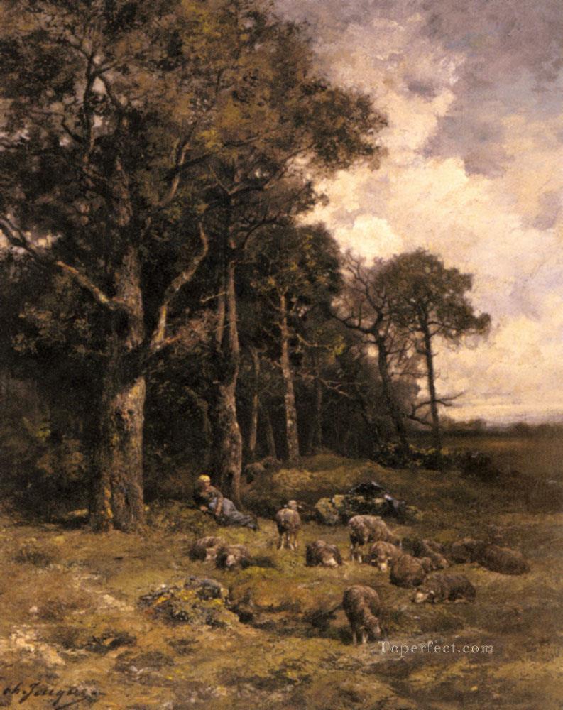 Shepherdess Resting With Her Flock animalier Charles Emile Jacque Oil Paintings